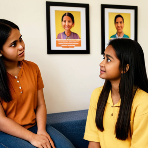 Home 23 **
A friendly Malay female counselor sitting across from a teenage girl in a cozy office. Focus on the counselor displaying empathy and actively listening. Soft, warm lighting. Background subtly shows posters about mental health awareness.
**