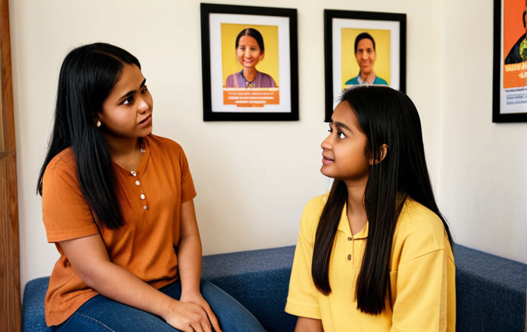**

A friendly Malay female counselor sitting across from a teenage girl in a cozy office. Focus on the counselor displaying empathy and actively listening. Soft, warm lighting. Background subtly shows posters about mental health awareness.

**