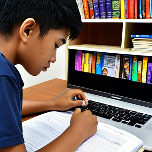 Home 22 **A student studying hard for the Youth Counselor Exam, surrounded by books and notes, with the Lembaga Kaunselor Malaysia website displayed on a laptop.** (Focus: Preparation, Resources)