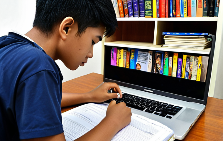 **A student studying hard for the Youth Counselor Exam, surrounded by books and notes, with the Lembaga Kaunselor Malaysia website displayed on a laptop.** (Focus: Preparation, Resources)