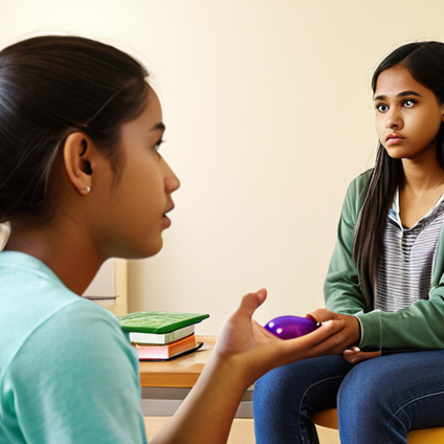 Home 21 **Teenager in a counseling session:** A concerned-looking Malay teenager sitting across from a friendly, approachable female counselor in a brightly lit office. The scene evokes empathy and trust. Soft, warm lighting. The counselor is actively listening. The background includes counseling-related items like books and a therapy ball.