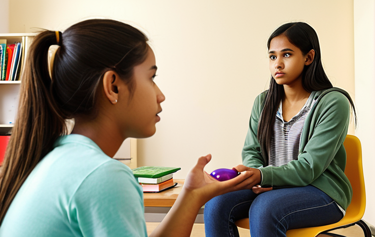 **Teenager in a counseling session:** A concerned-looking Malay teenager sitting across from a friendly, approachable female counselor in a brightly lit office. The scene evokes empathy and trust. Soft, warm lighting. The counselor is actively listening. The background includes counseling-related items like books and a therapy ball.