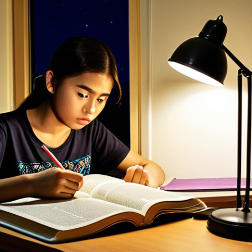 Home 20 **A determined young adult studying books and online resources late at night, illuminated by a desk lamp, with textbooks on teenage psychology and counseling guides scattered around them. Emphasize a feeling of dedication and late-night study.** (Keywords: Studying, teen counseling, late night, textbooks, Malaysia)