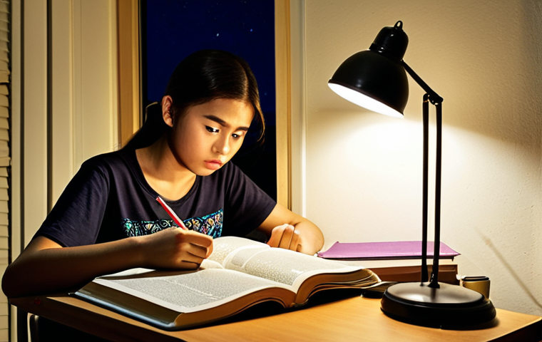 **A determined young adult studying books and online resources late at night, illuminated by a desk lamp, with textbooks on teenage psychology and counseling guides scattered around them. Emphasize a feeling of dedication and late-night study.** (Keywords: Studying, teen counseling, late night, textbooks, Malaysia)