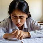 **A stressed student during the "Peperiksaan Kaunselor Remaja" exam, surrounded by test papers, emphasizing the importance of calmness and preparation.** (This image focuses on the initial feeling of anxiety and the need for being prepared, which is mentioned in the introductory paragraph.)