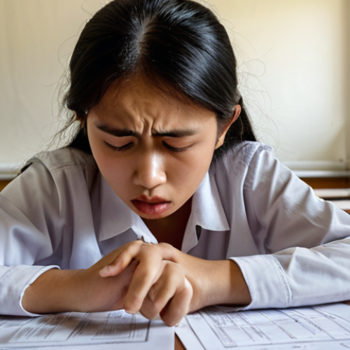 Home 9 **A stressed student during the "Peperiksaan Kaunselor Remaja" exam, surrounded by test papers, emphasizing the importance of calmness and preparation.** (This image focuses on the initial feeling of anxiety and the need for being prepared, which is mentioned in the introductory paragraph.)