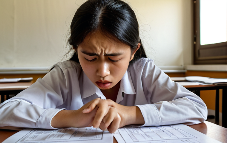 **A stressed student during the "Peperiksaan Kaunselor Remaja" exam, surrounded by test papers, emphasizing the importance of calmness and preparation.** (This image focuses on the initial feeling of anxiety and the need for being prepared, which is mentioned in the introductory paragraph.)