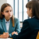 A compassionate professional female youth counselor, in her early 30s, dressed in a modest, professional blazer and blouse, sits attentively across from a teenage girl, aged 15, who is fully clothed in a neat, modest school uniform. They are in a modern, brightly lit counseling office with warm, inviting decor and a few green plants, creating a safe and confidential atmosphere. The counselor is leaning slightly forward, displaying active listening and deep empathy. The teenage girl looks thoughtful, beginning to express herself in a natural, candid pose. Soft, diffused lighting highlights their sincere interaction. Professional photography, high quality, perfect anatomy, correct proportions, natural pose, well-formed hands, proper finger count, natural body proportions, safe for work, appropriate content, fully clothed, professional dress.